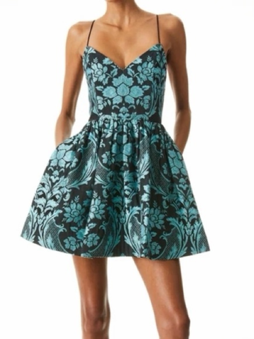 Alice + Olivia Carlotta Floral Jacquard Fit & Flare Dress in Teal and Black